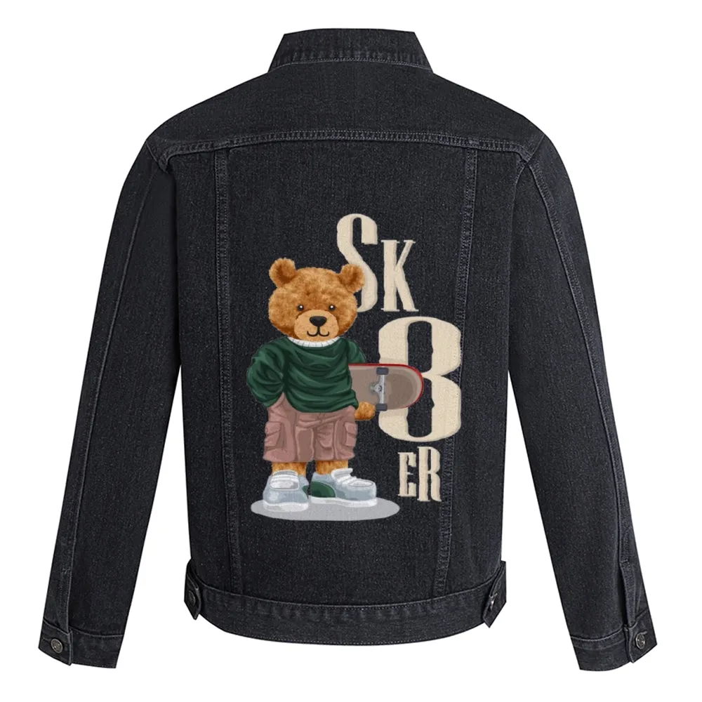 Mens Vintage Cartoon Prints Cute Bear Sk8er Denim Jacket