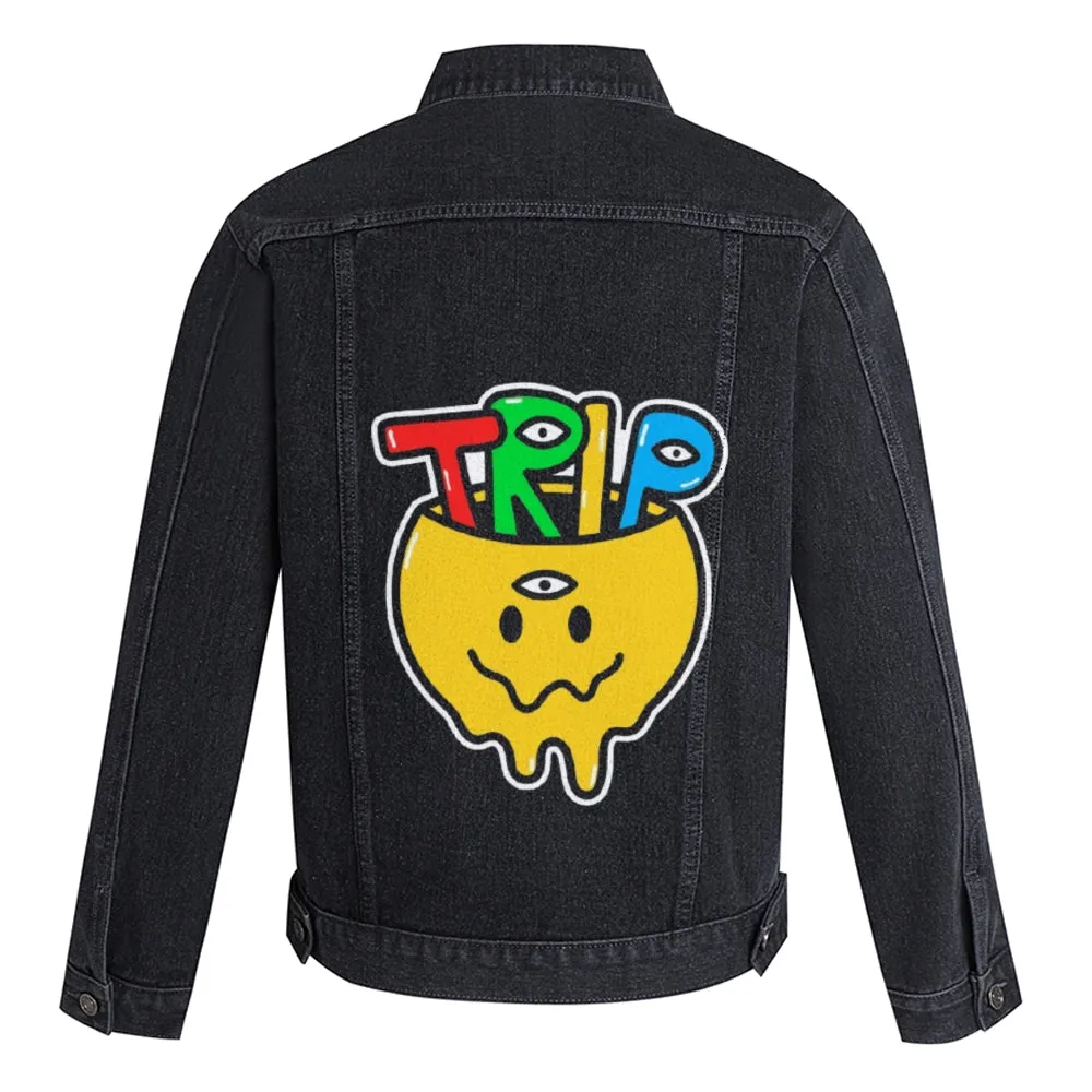 Mens Vintage Cartoon Prints Smiling Face TRIP Denim Jacket