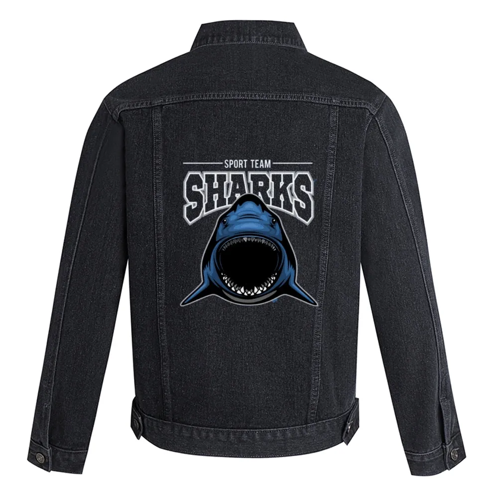 Mens Vintage Cartoon Prints SPORT TEAM SHARKS Denim Jacket