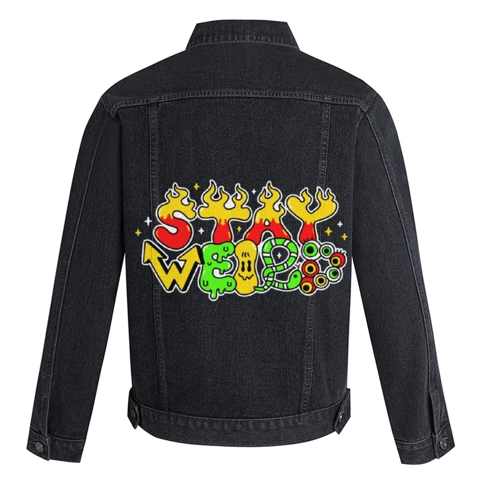 Mens Vintage Cartoon Prints STAY WEIED Denim Jacket