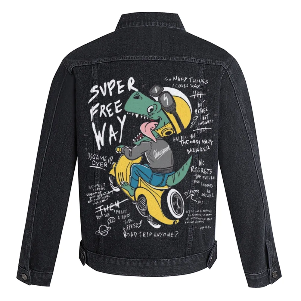 Mens Vintage Cartoon Prints SUPER FREE WAY Denim Jacket