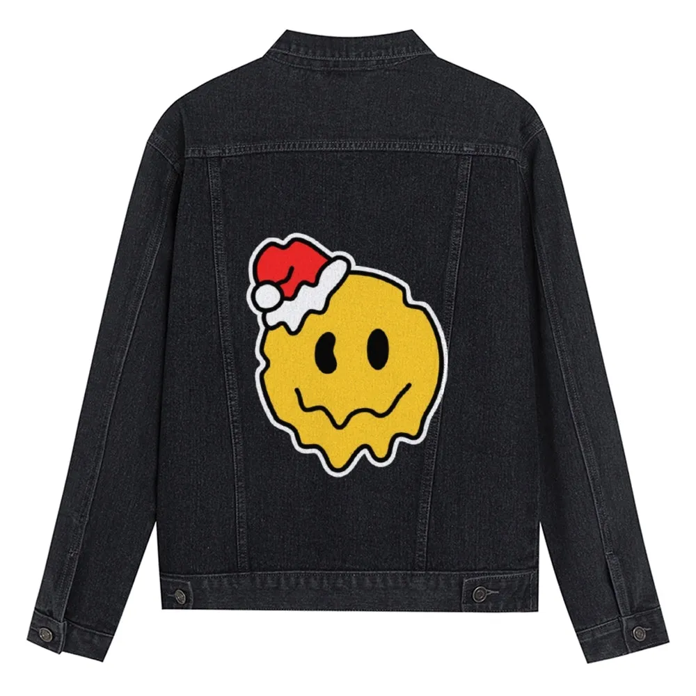 Mens Vintage Cartoon Prints Yellow Smiley Face Denim Jacket