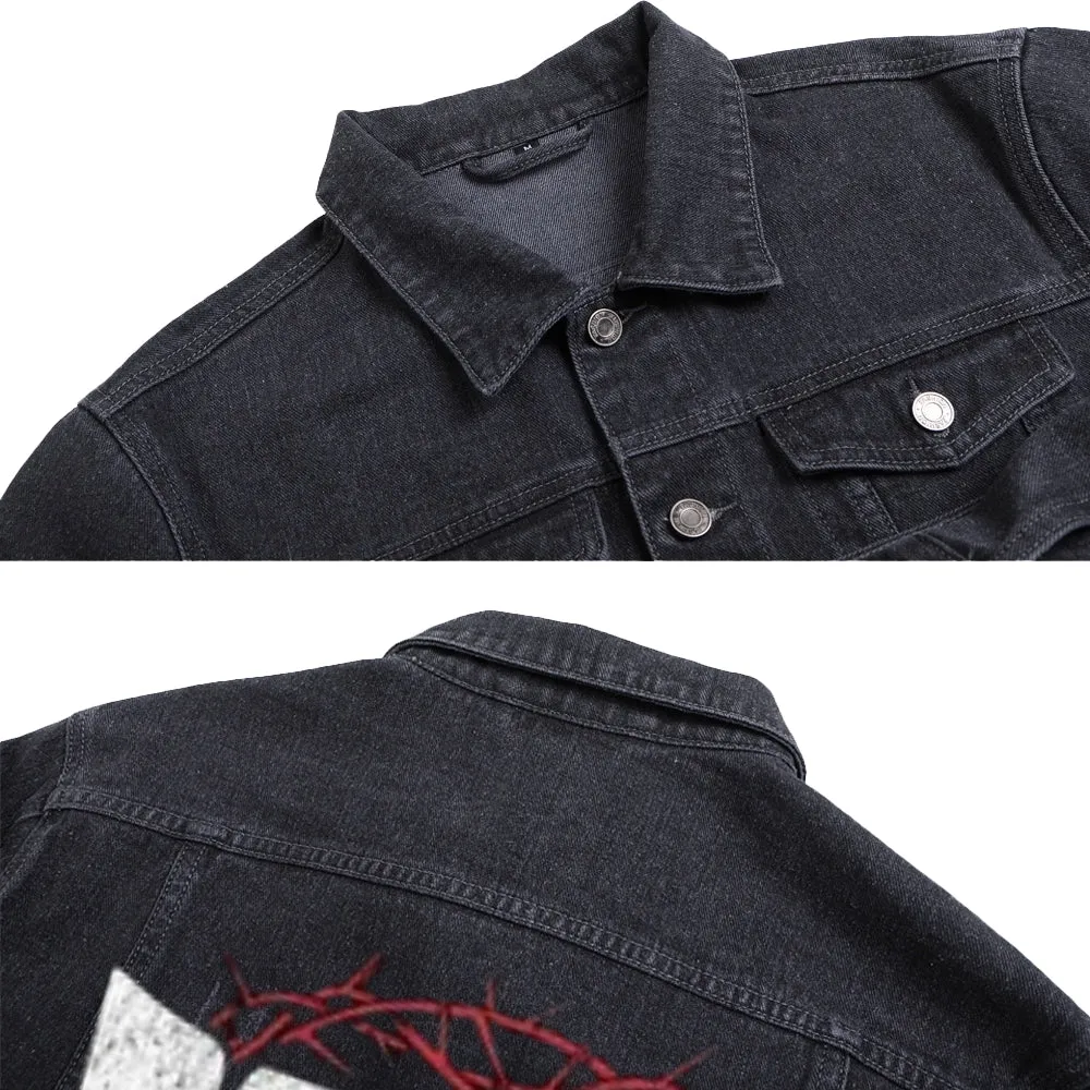 Mens Vintage Faith Over Fear Gothic Graphic Denim Jacket