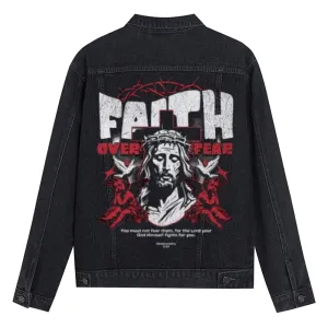 Mens Vintage Faith Over Fear Gothic Graphic Denim Jacket