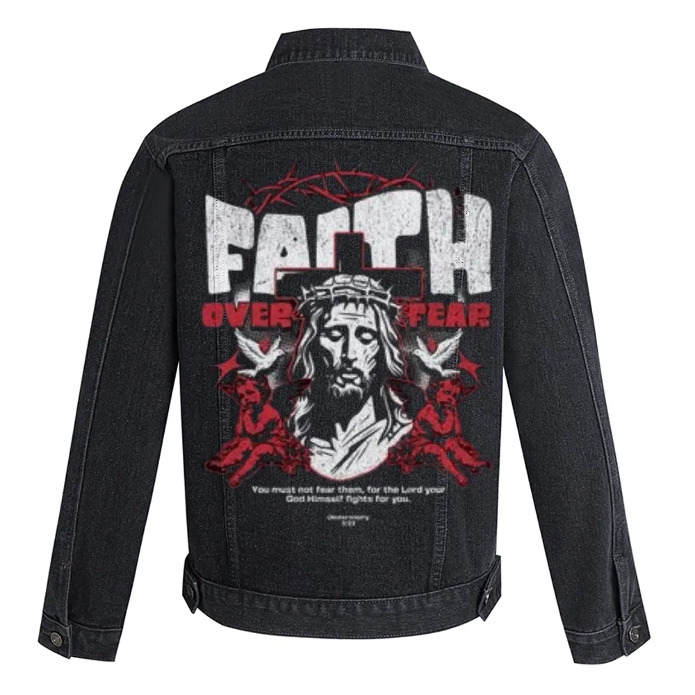 Mens Vintage Faith Over Fear Gothic Graphic Denim Jacket