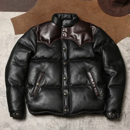 Men's Vintage Leather Down Bread Jacket: Warm Cowhide & Duck Down Outerwear