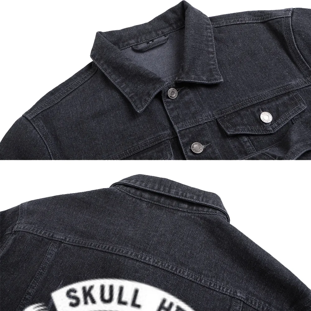 Mens Vintage Skull Head Graphic Button Up Denim Jacket