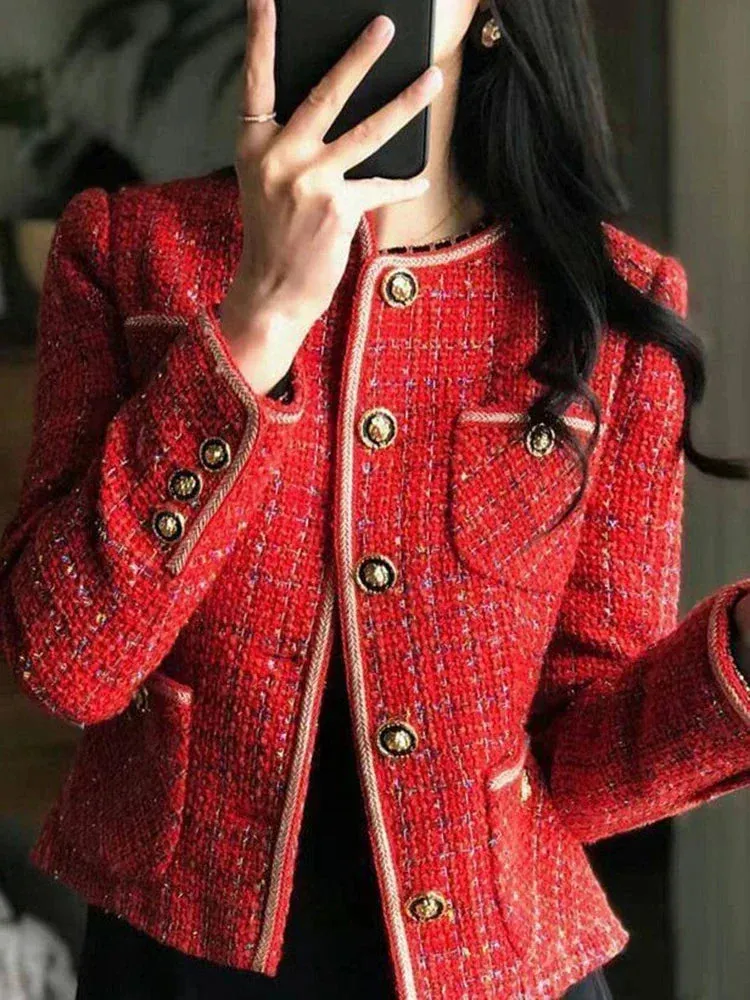 Metaversmall Korean Elegant Women's Coat New Autumn/Winter Sweet Casual Loose O-neck Single Breasted Suit Coat Red Tweed Blazer Women