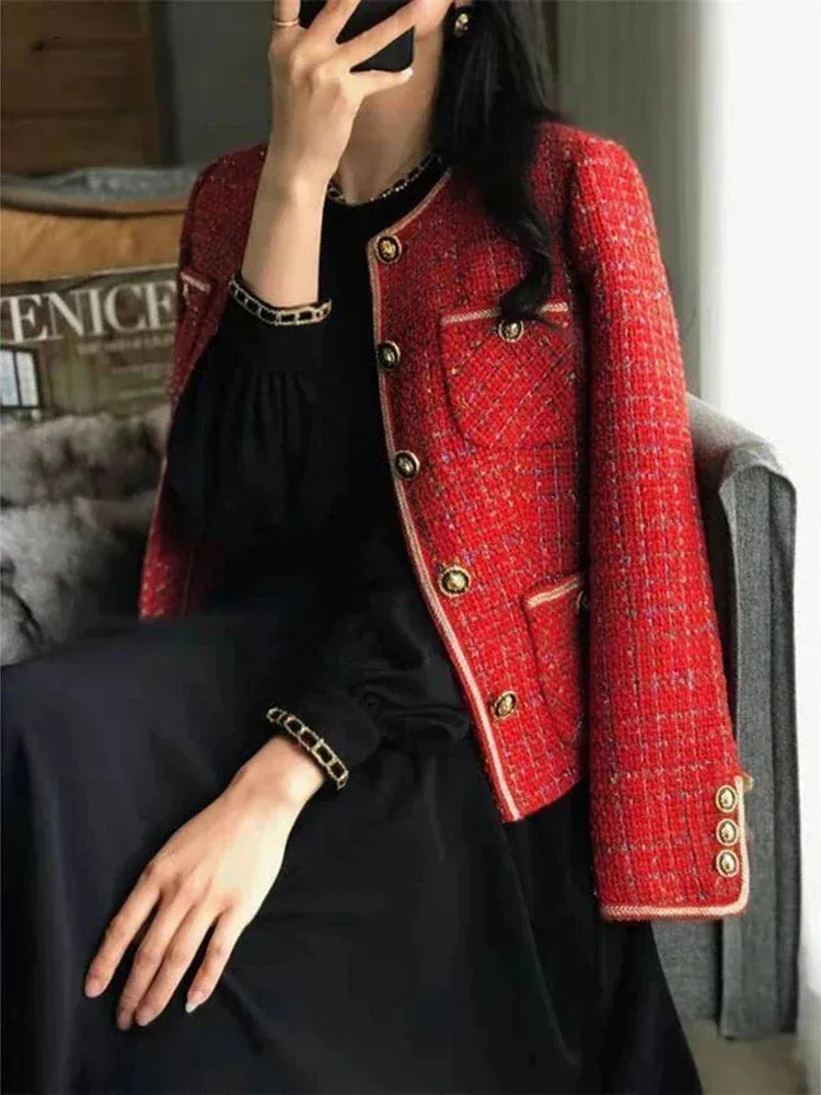 Metaversmall Korean Elegant Women's Coat New Autumn/Winter Sweet Casual Loose O-neck Single Breasted Suit Coat Red Tweed Blazer Women