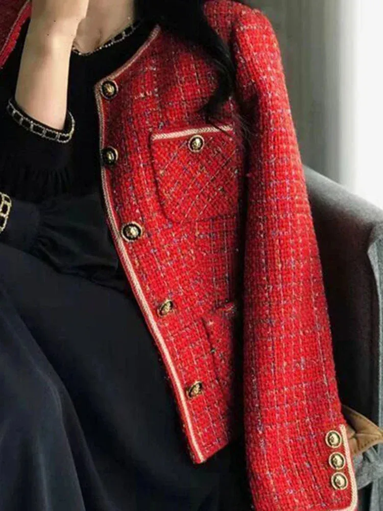 Metaversmall Korean Elegant Women's Coat New Autumn/Winter Sweet Casual Loose O-neck Single Breasted Suit Coat Red Tweed Blazer Women