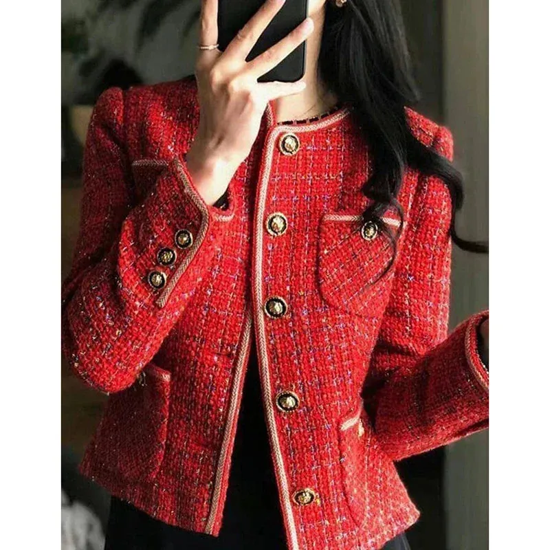 Metaversmall Korean Elegant Women's Coat New Autumn/Winter Sweet Casual Loose O-neck Single Breasted Suit Coat Red Tweed Blazer Women