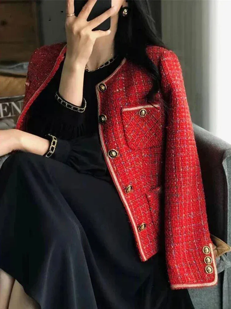 Metaversmall Korean Elegant Women's Coat New Autumn/Winter Sweet Casual Loose O-neck Single Breasted Suit Coat Red Tweed Blazer Women