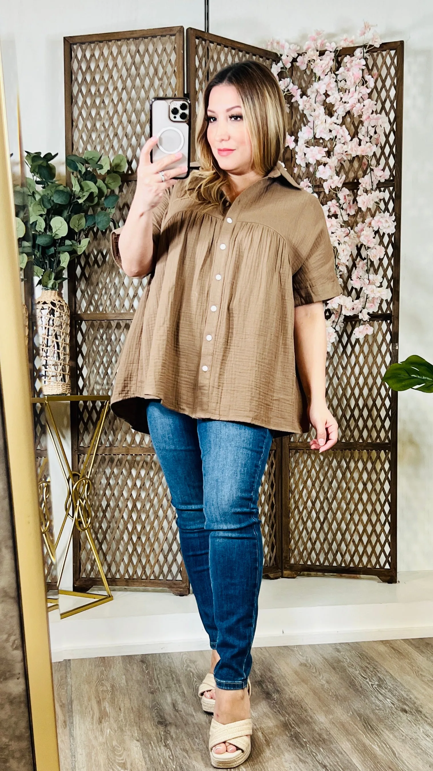 Mocha Button Loose Fit Top