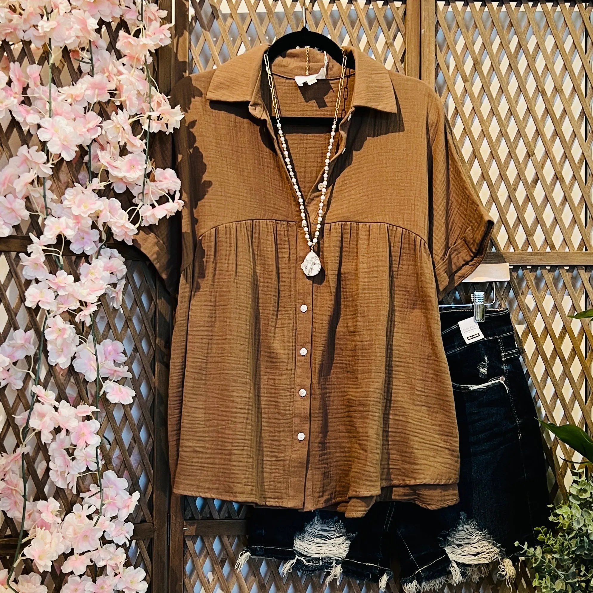 Mocha Button Loose Fit Top