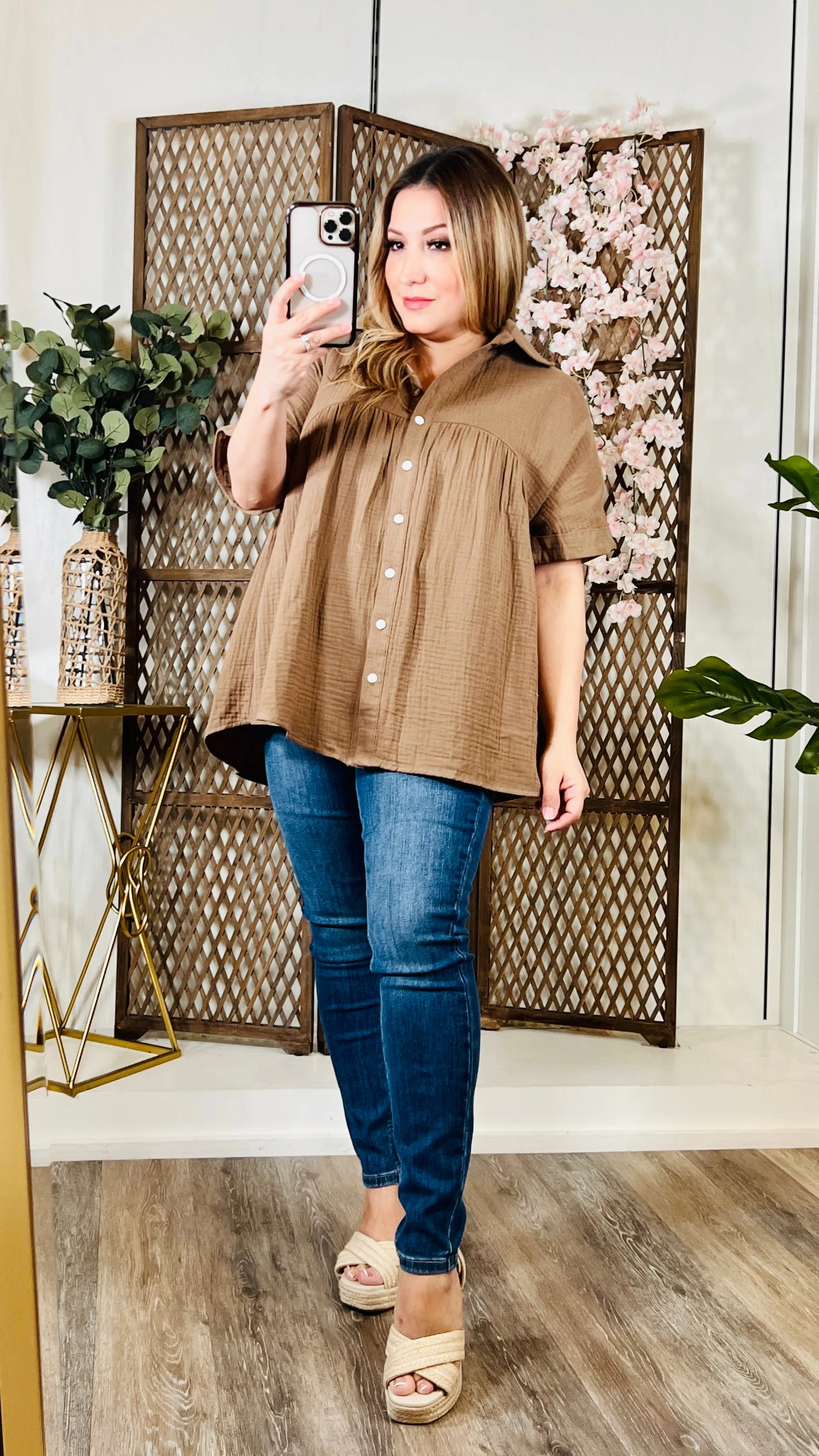 Mocha Button Loose Fit Top