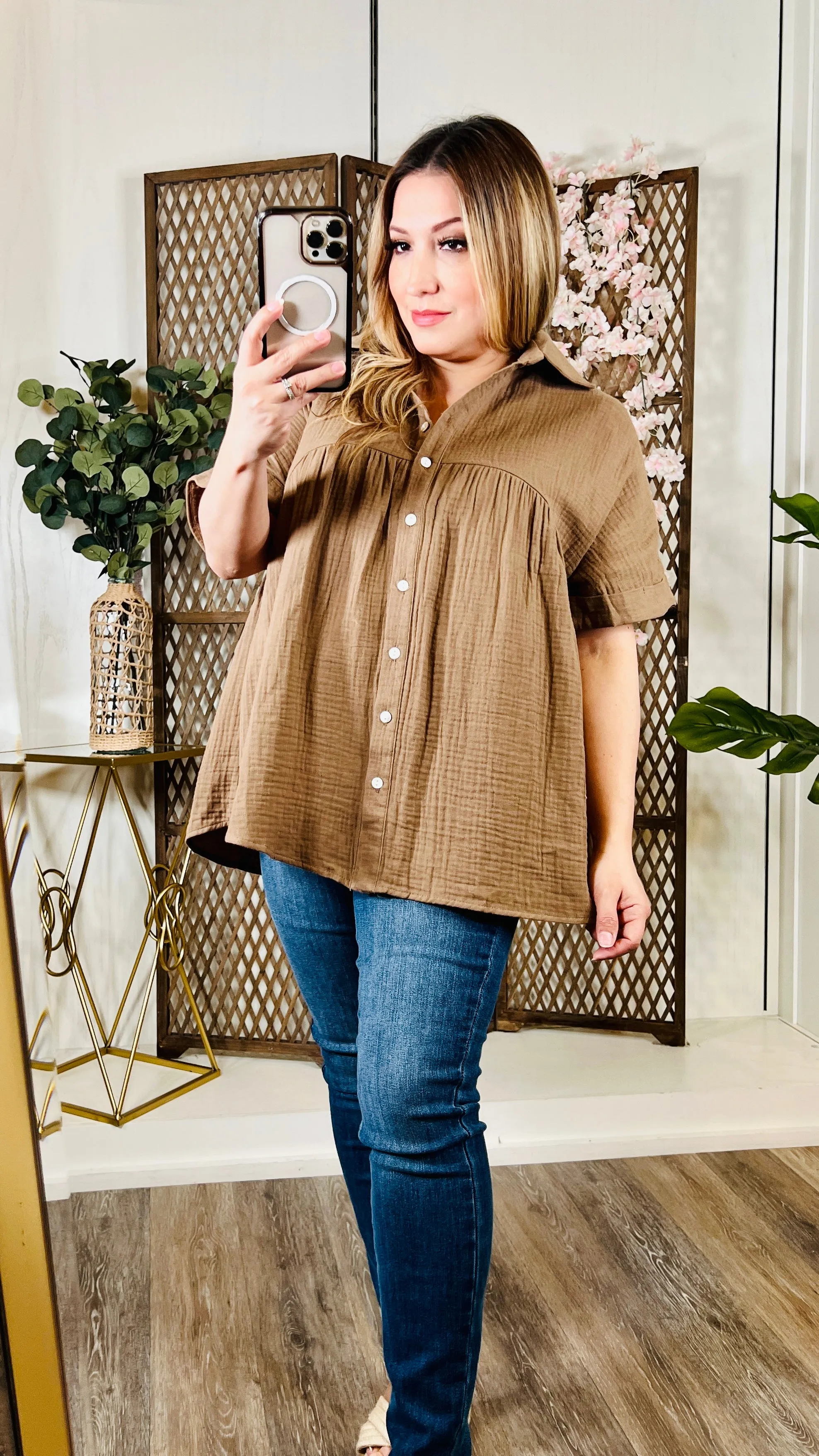 Mocha Button Loose Fit Top