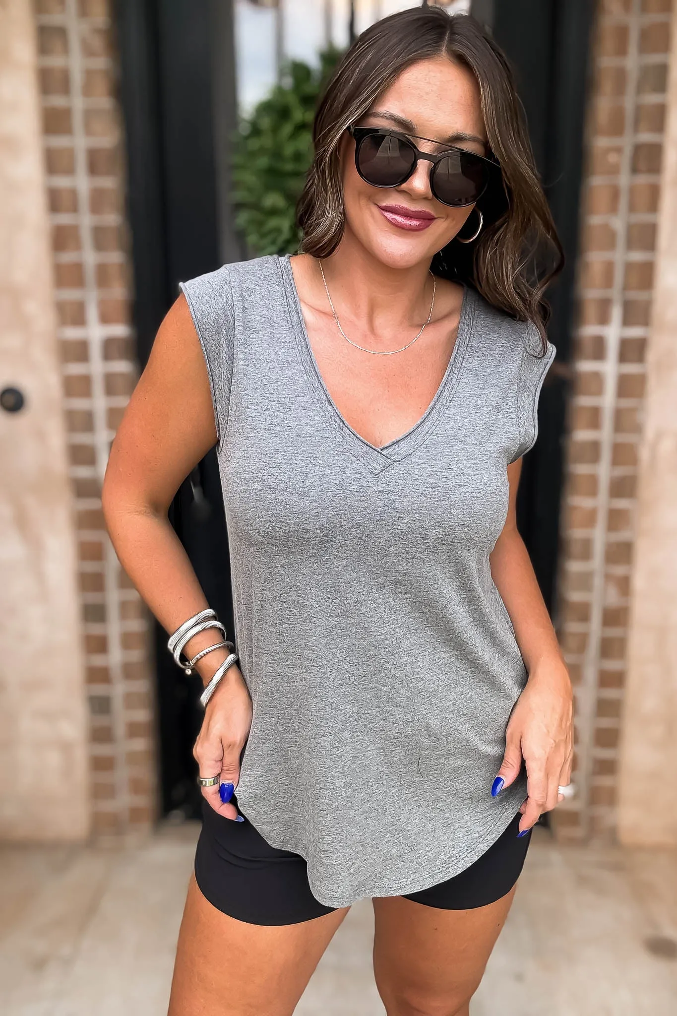 Mono B Heather Grey Curved Hem V Tee