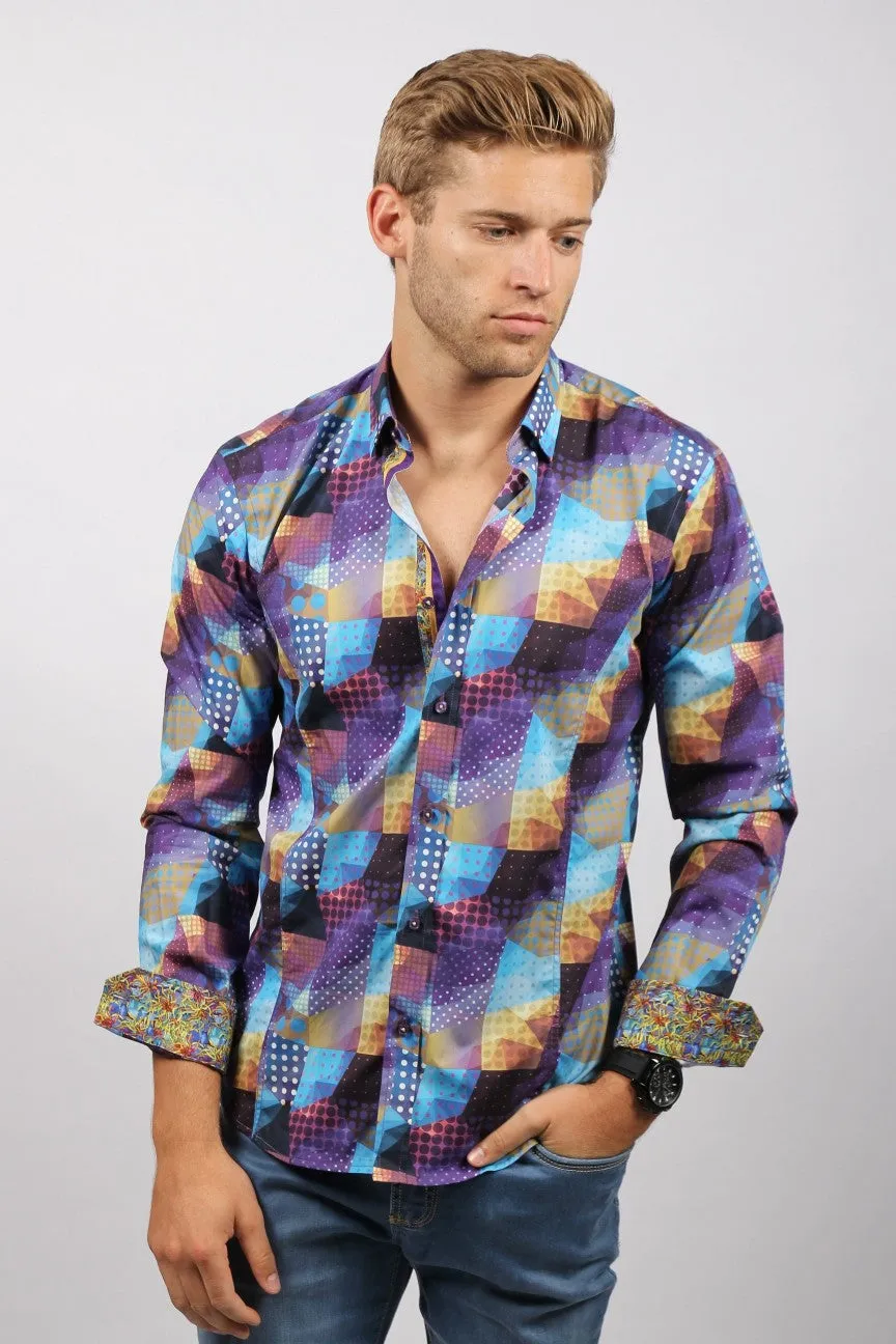 Multicolor Print Button Down Shirt W/ Trim