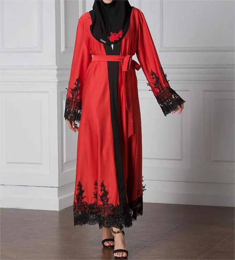 Muslim Fashion Lace Patchwork Loose Cardigan Robe For Women