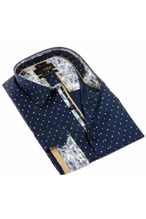 Navy Dots Button Down Print Shirt W/ Trim