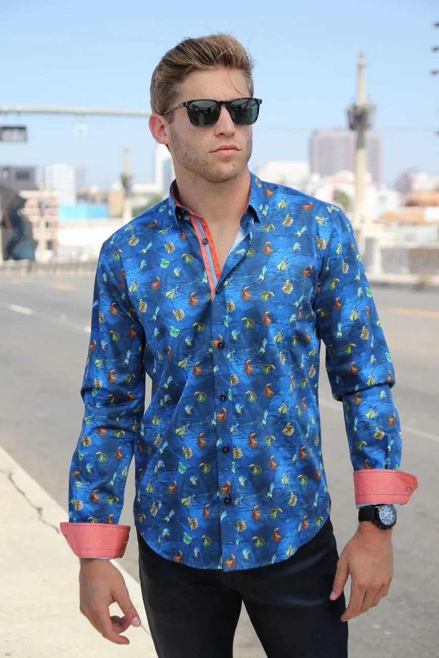 Navy Fish Print Button Down Shirt W/Trim