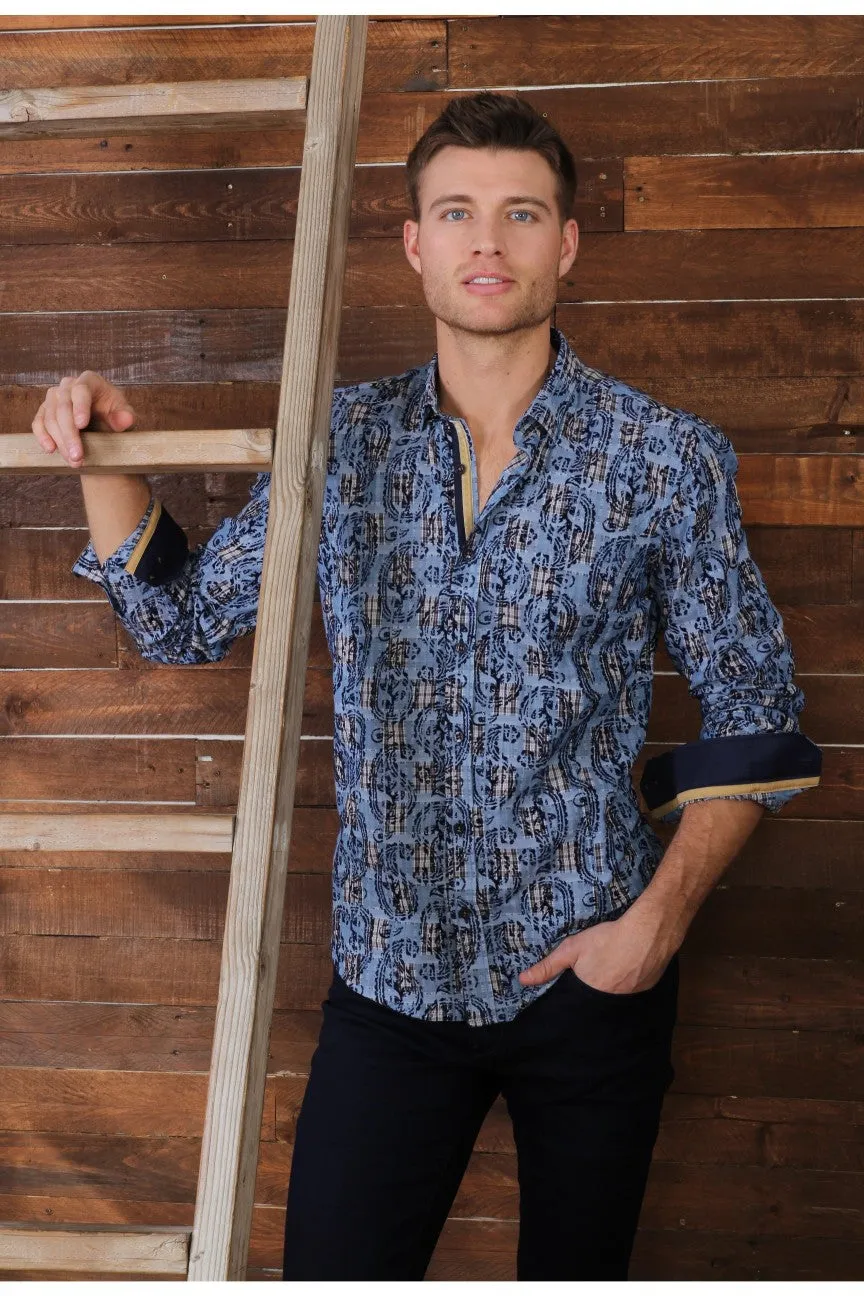 Navy Jacquard Button Down Shirt W/ Paisley Flocking