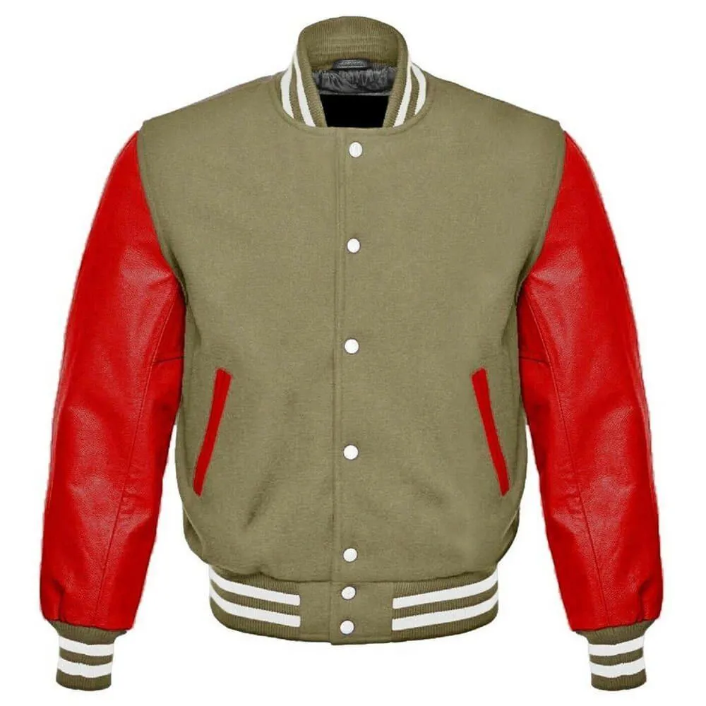 Olive and Red Leather Fashion Varsity Jacket