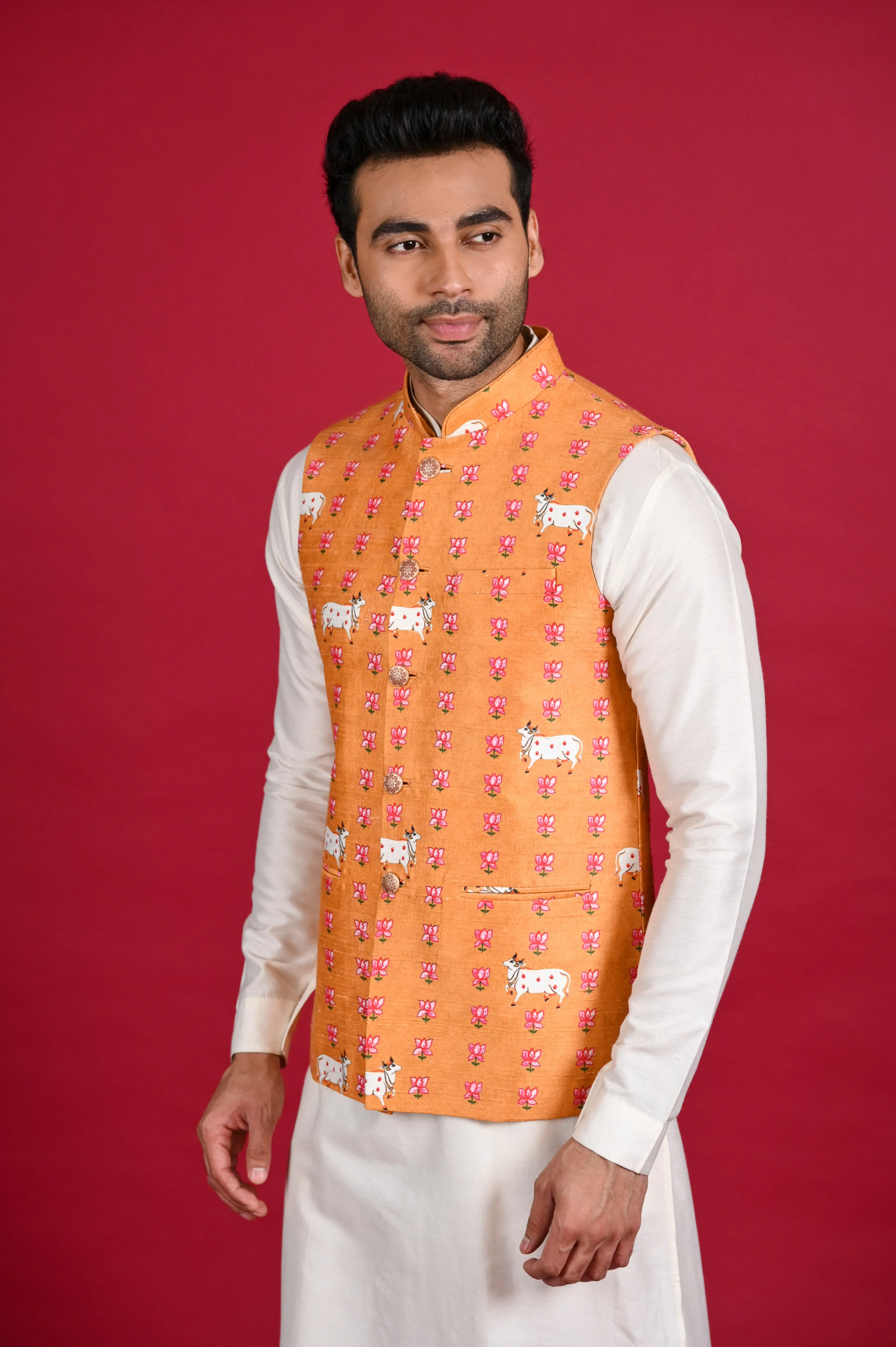 Orange Printed Koti Kurta Set in Silk