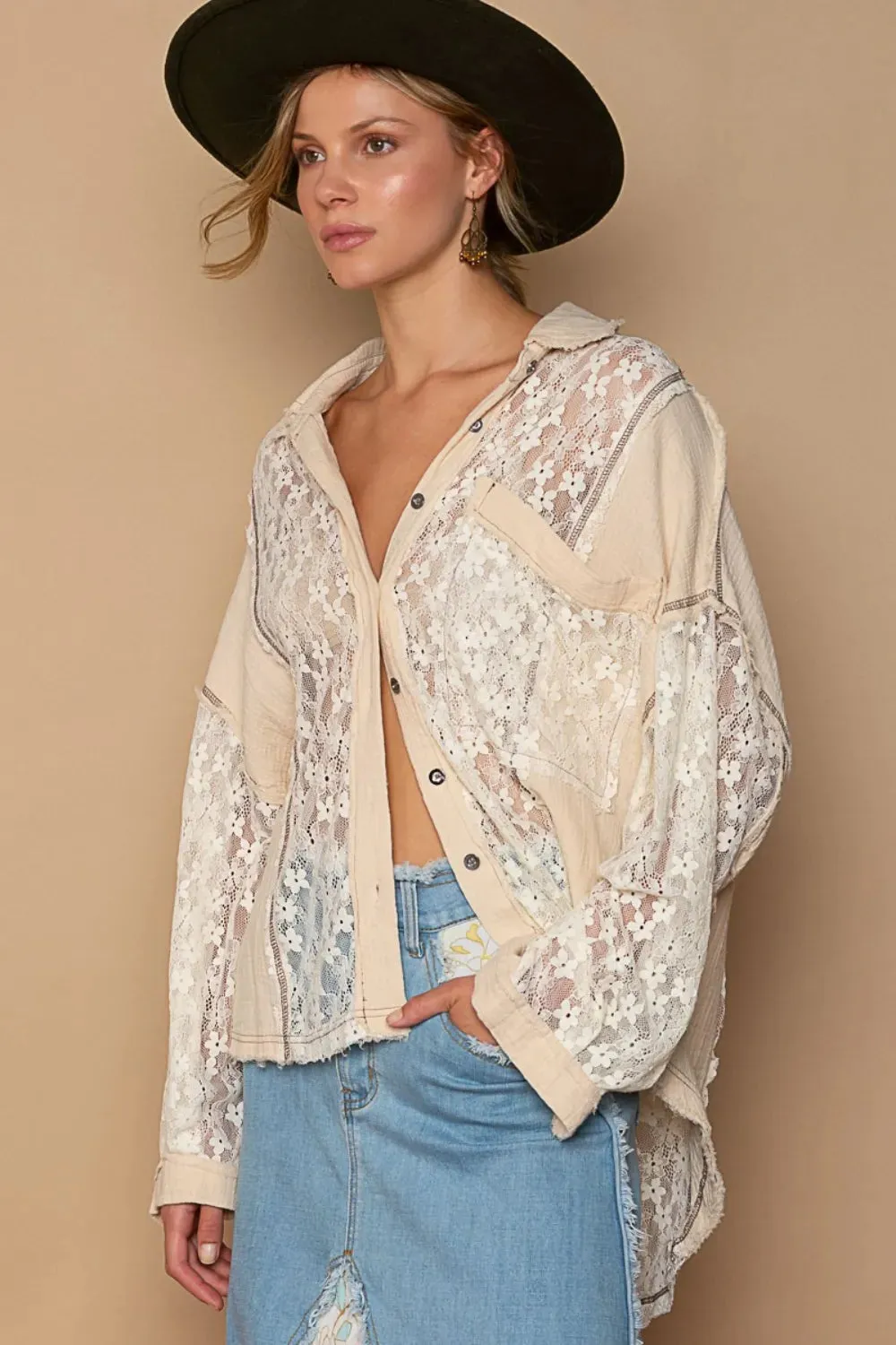 Oversize Lace Button-Down Shirt