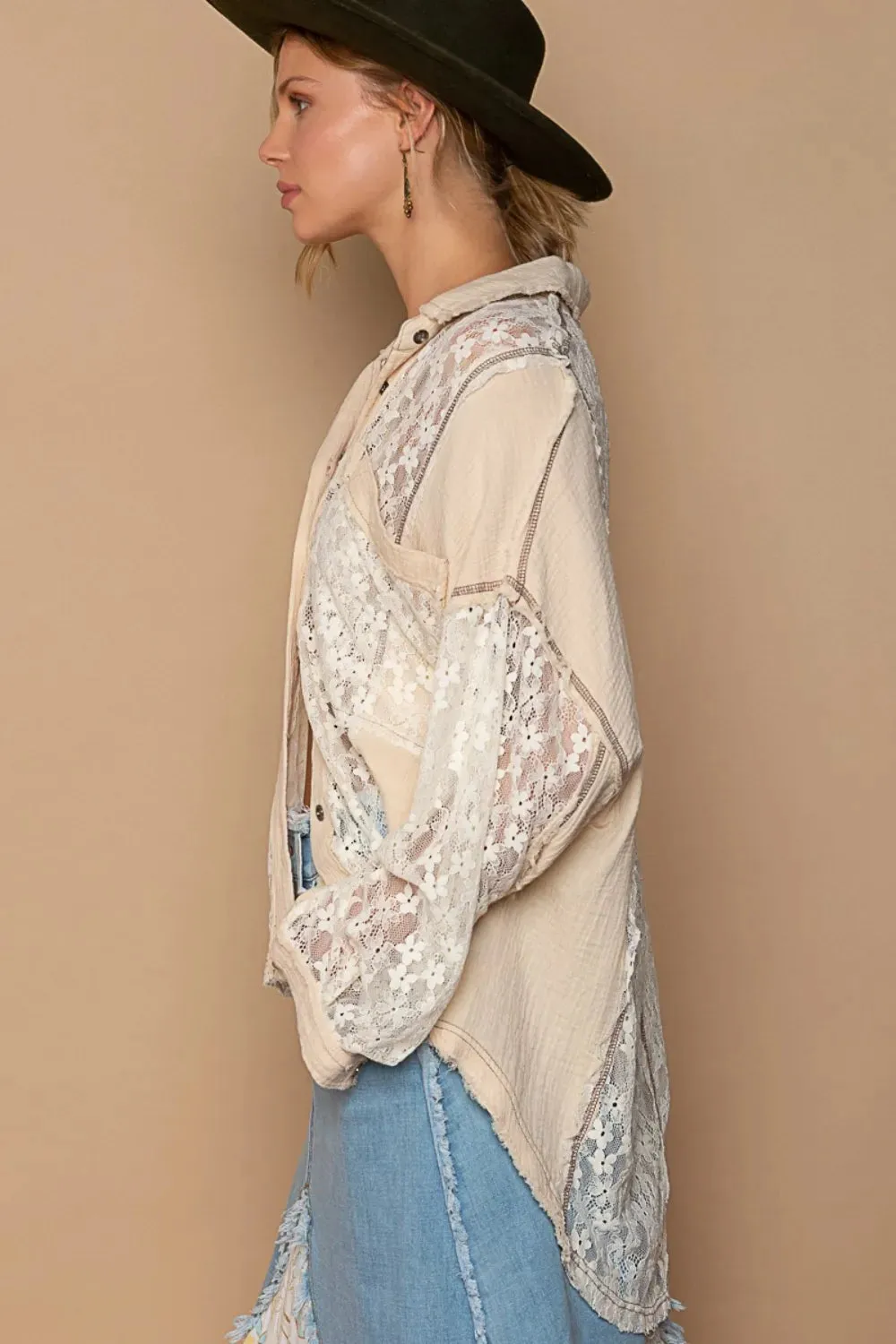 Oversize Lace Button-Down Shirt