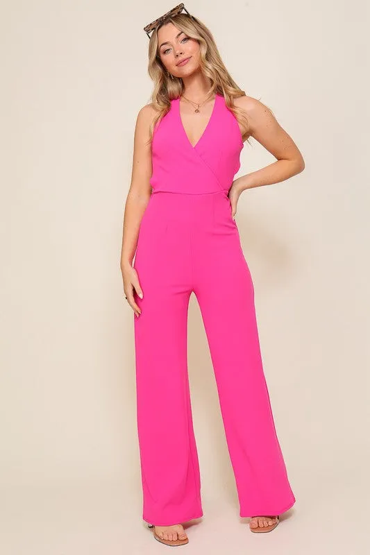 Pink Surplice Techno Crepe Knit Crisscross Jumpsuit