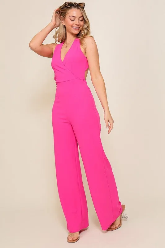 Pink Surplice Techno Crepe Knit Crisscross Jumpsuit