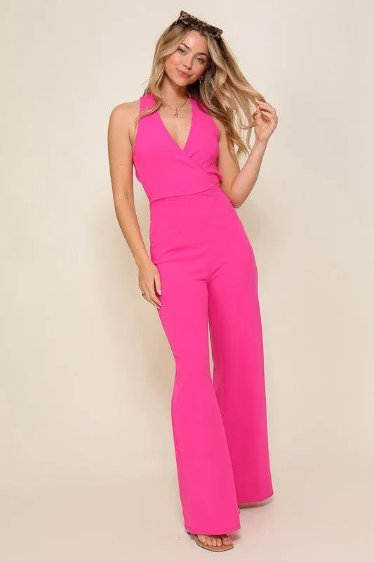 Pink Surplice Techno Crepe Knit Crisscross Jumpsuit