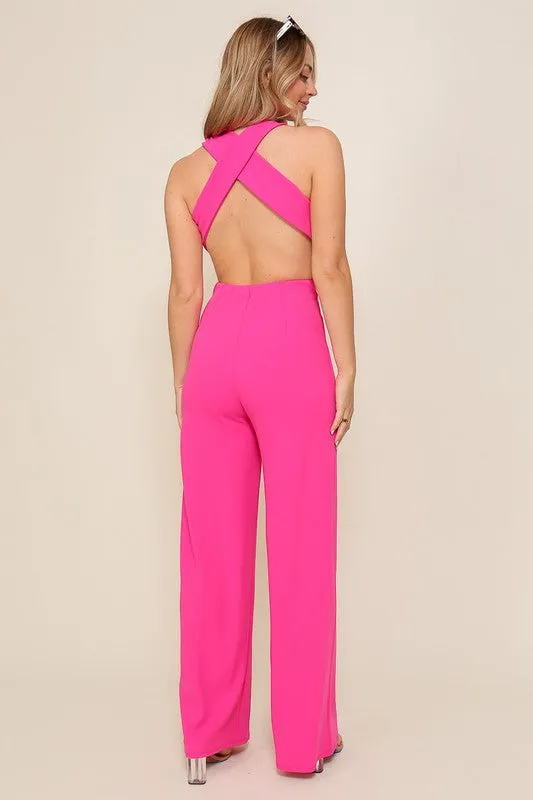 Pink Surplice Techno Crepe Knit Crisscross Jumpsuit