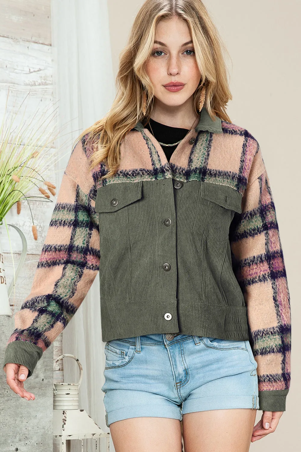 Plaid Collared Neck Button Down Jacket