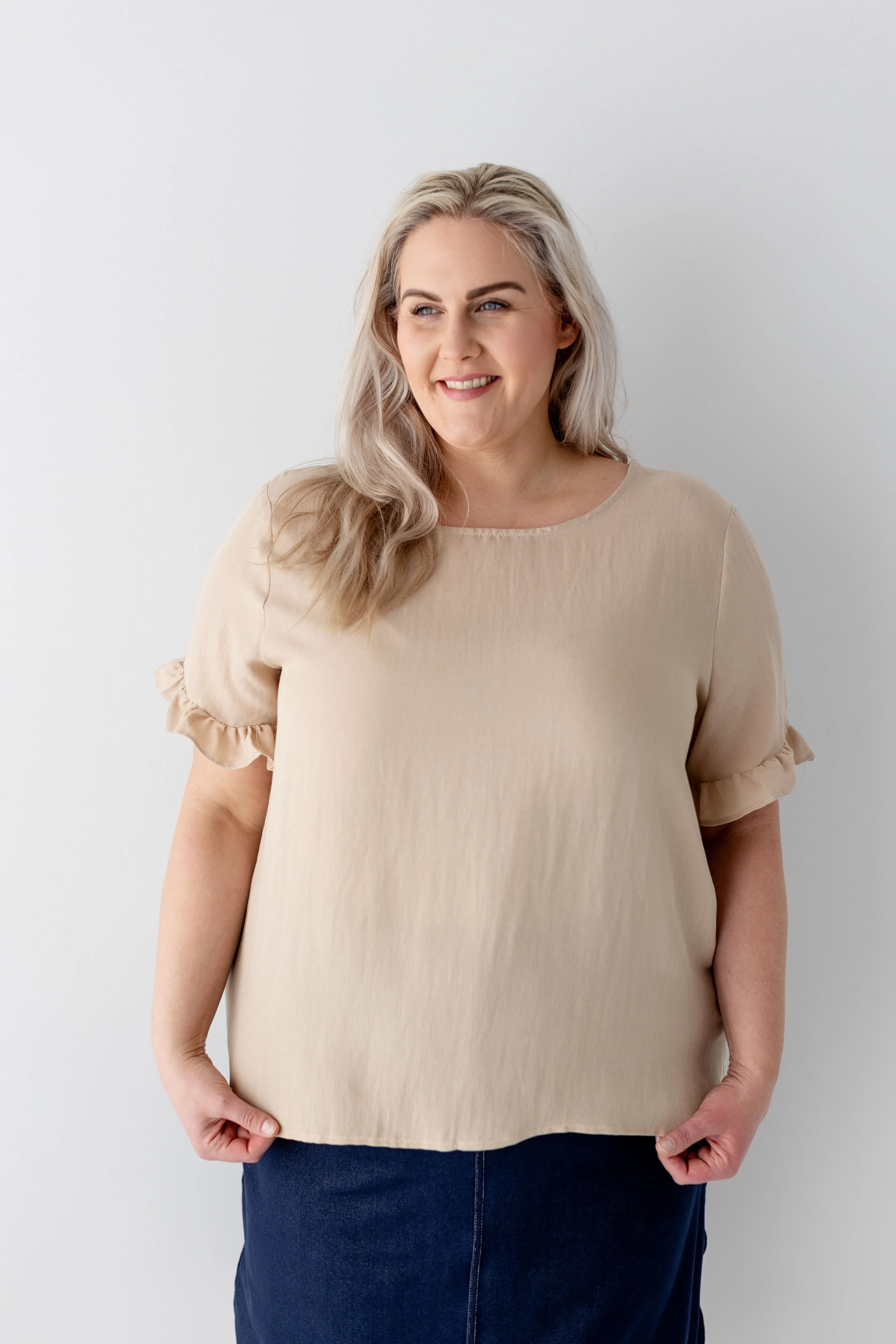 Plus 'Ida' Ruffle Sleeve Button Back Top in Tan FINAL SALE