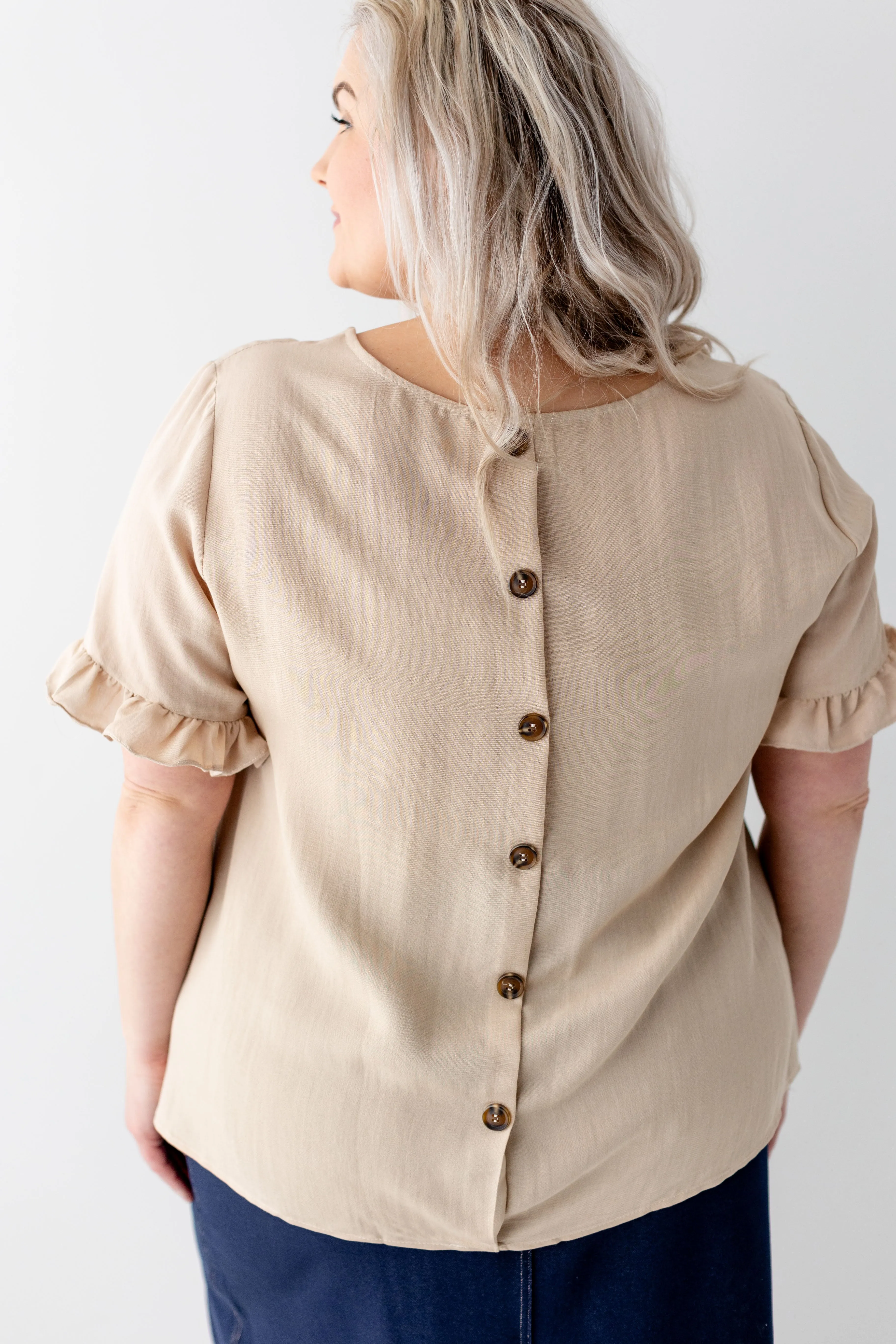 Plus 'Ida' Ruffle Sleeve Button Back Top in Tan FINAL SALE