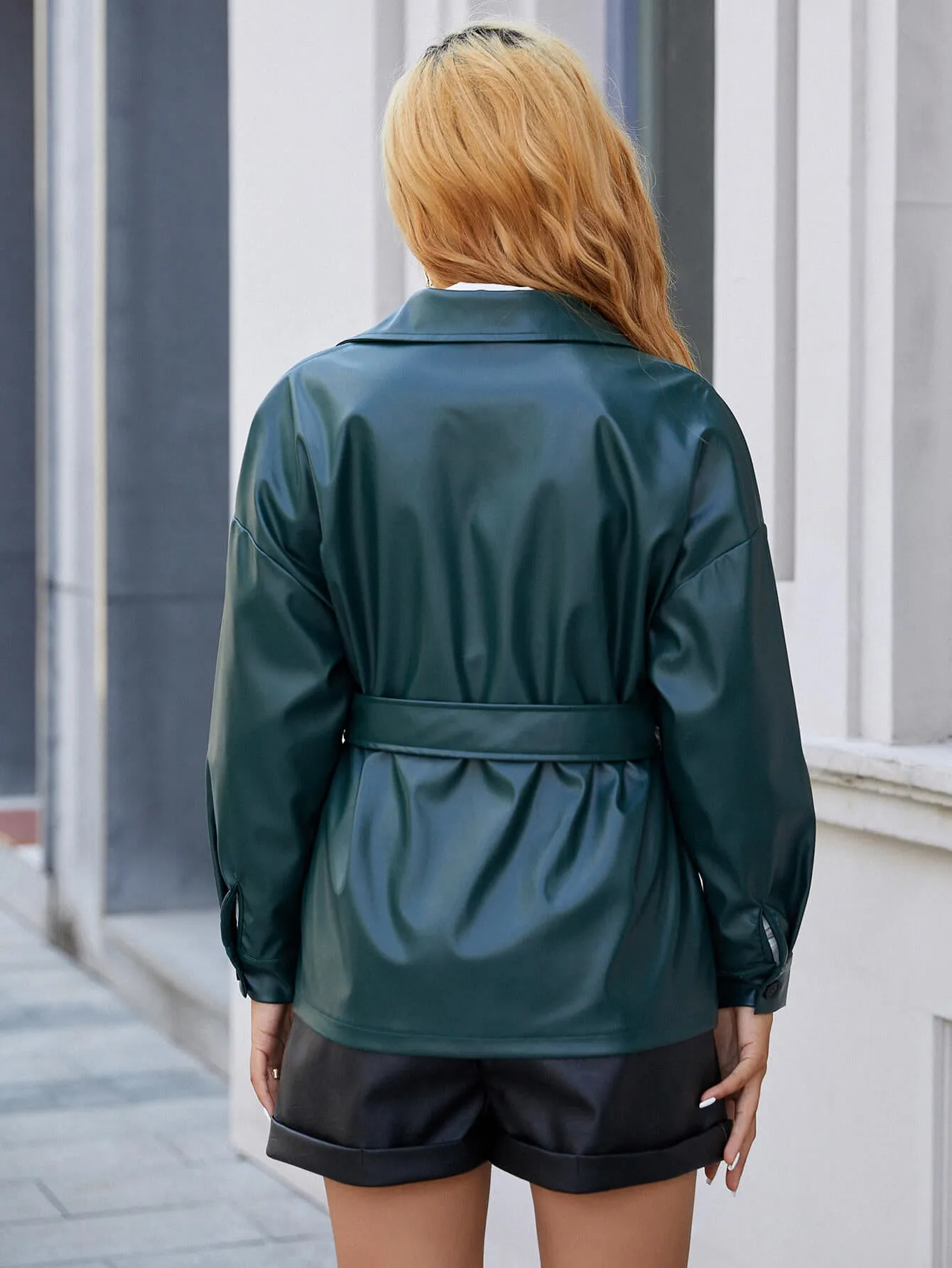 PU Leather Belted Jacket with Pockets