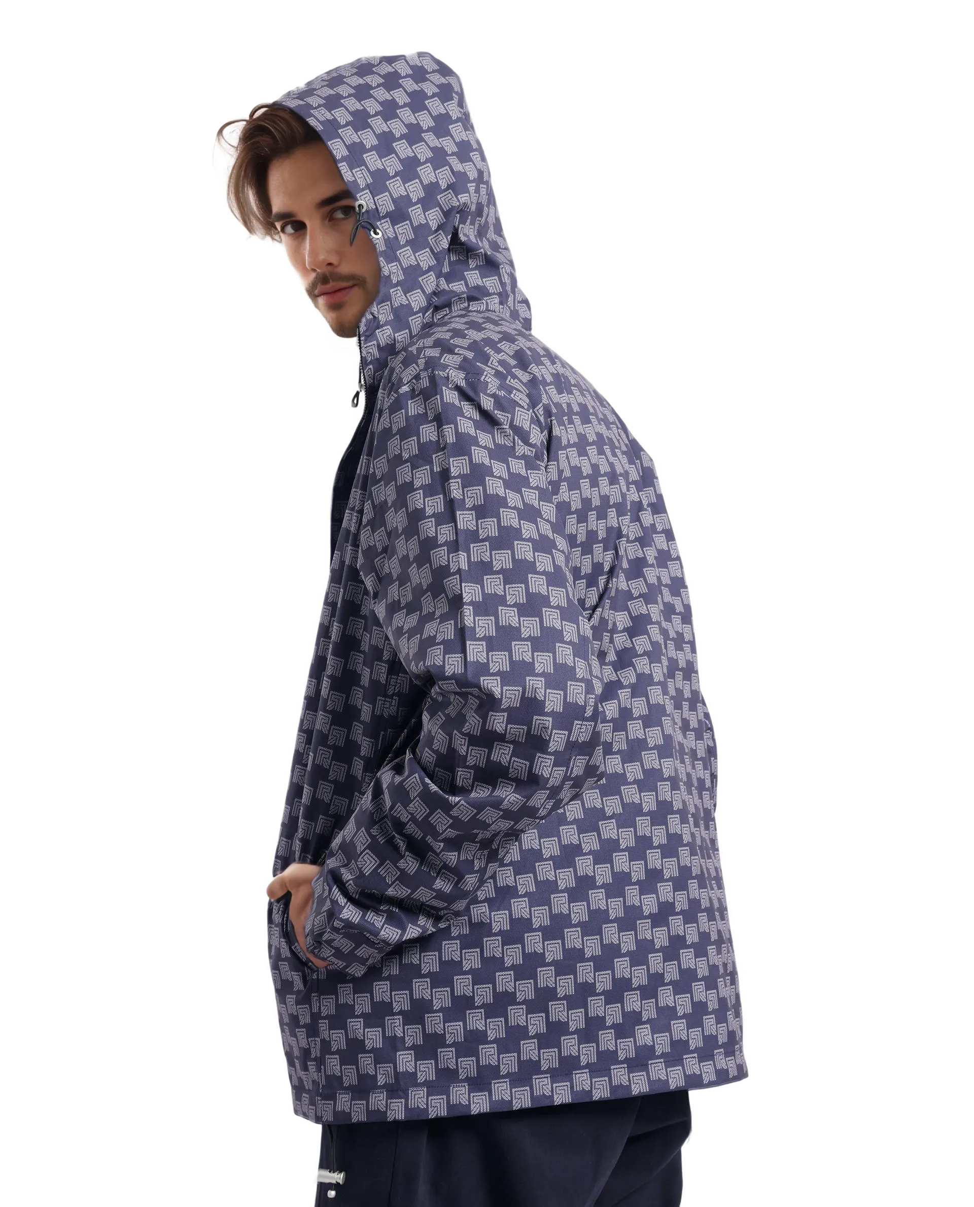 Rare Rabbit Men Sappon Navy Polyester Fabric Full Sleeve Hooded Zipper Closure Printed Jacket