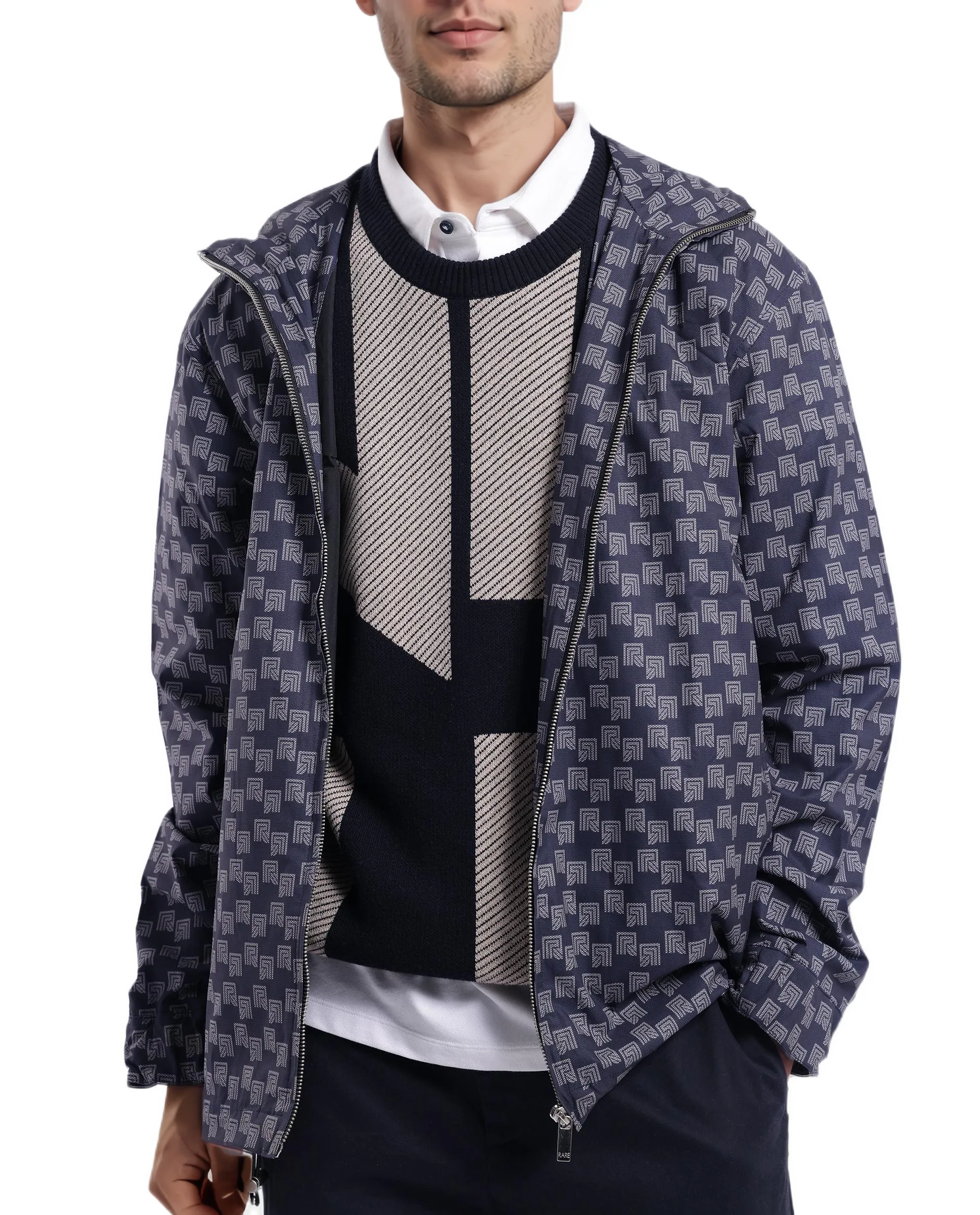 Rare Rabbit Men Sappon Navy Polyester Fabric Full Sleeve Hooded Zipper Closure Printed Jacket