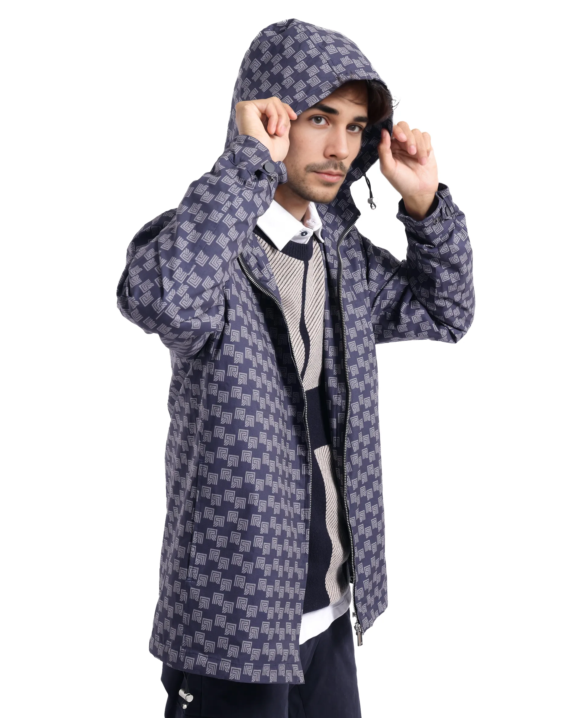 Rare Rabbit Men Sappon Navy Polyester Fabric Full Sleeve Hooded Zipper Closure Printed Jacket