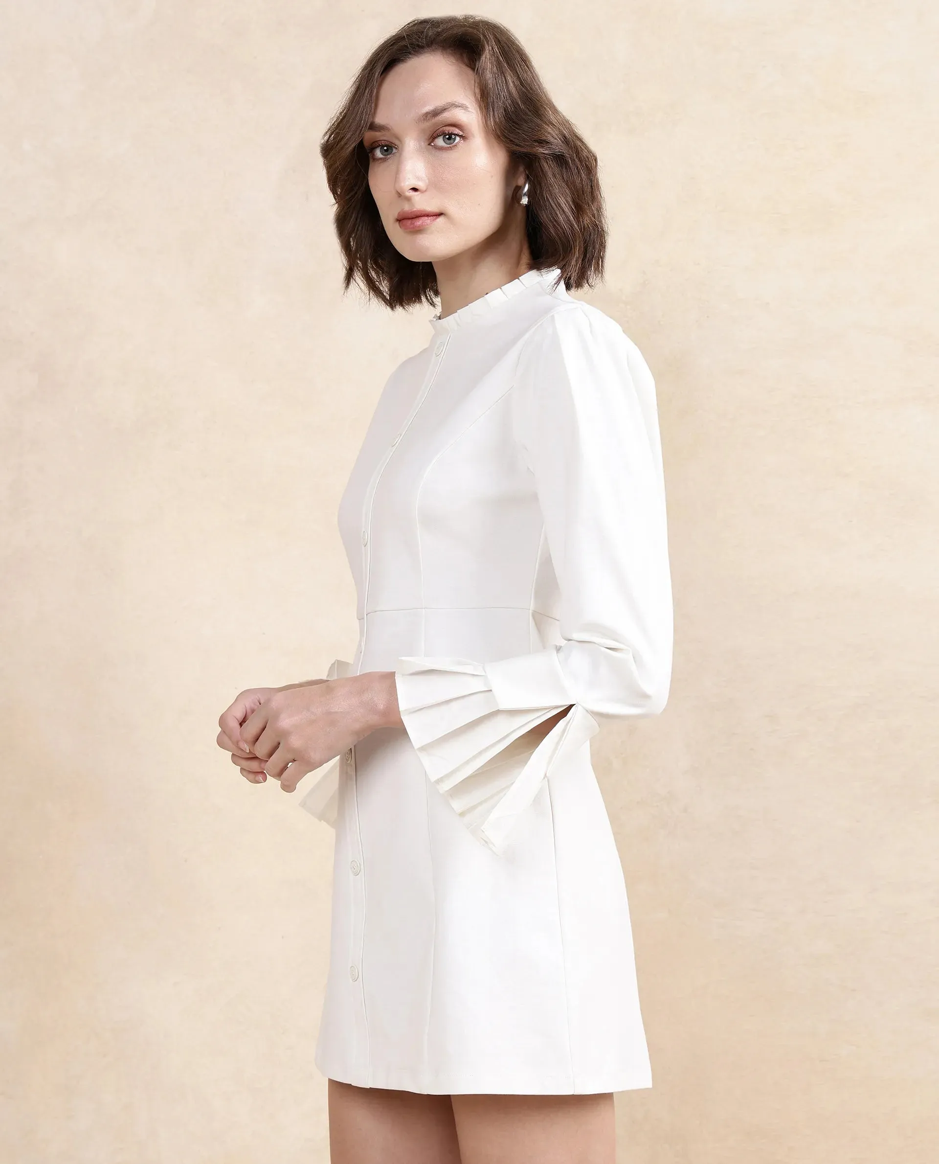 Rareism Women Mafis White Fashion Sleeves Ruffled Neck Zip Closure Straight Fit Mini Plain Dress