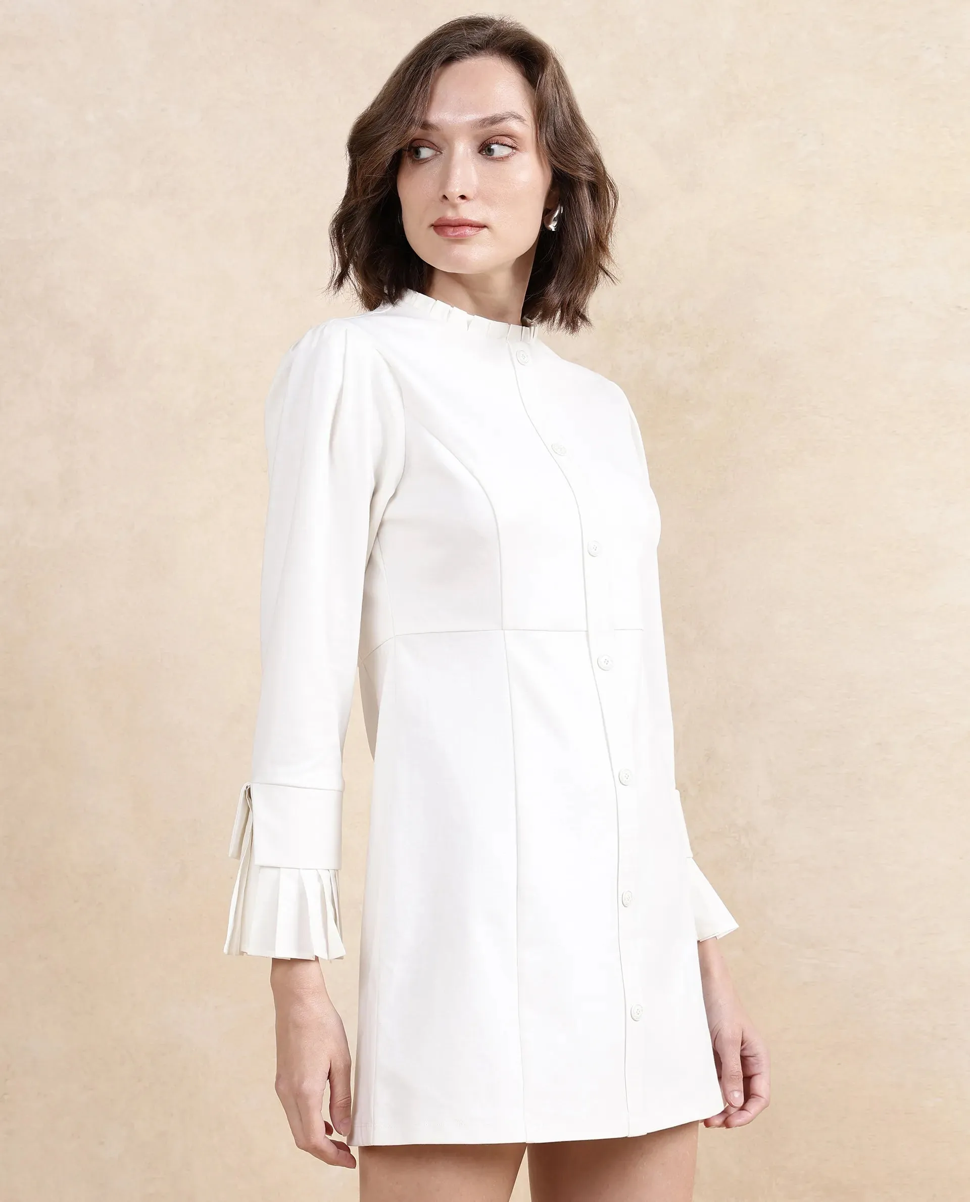 Rareism Women Mafis White Fashion Sleeves Ruffled Neck Zip Closure Straight Fit Mini Plain Dress