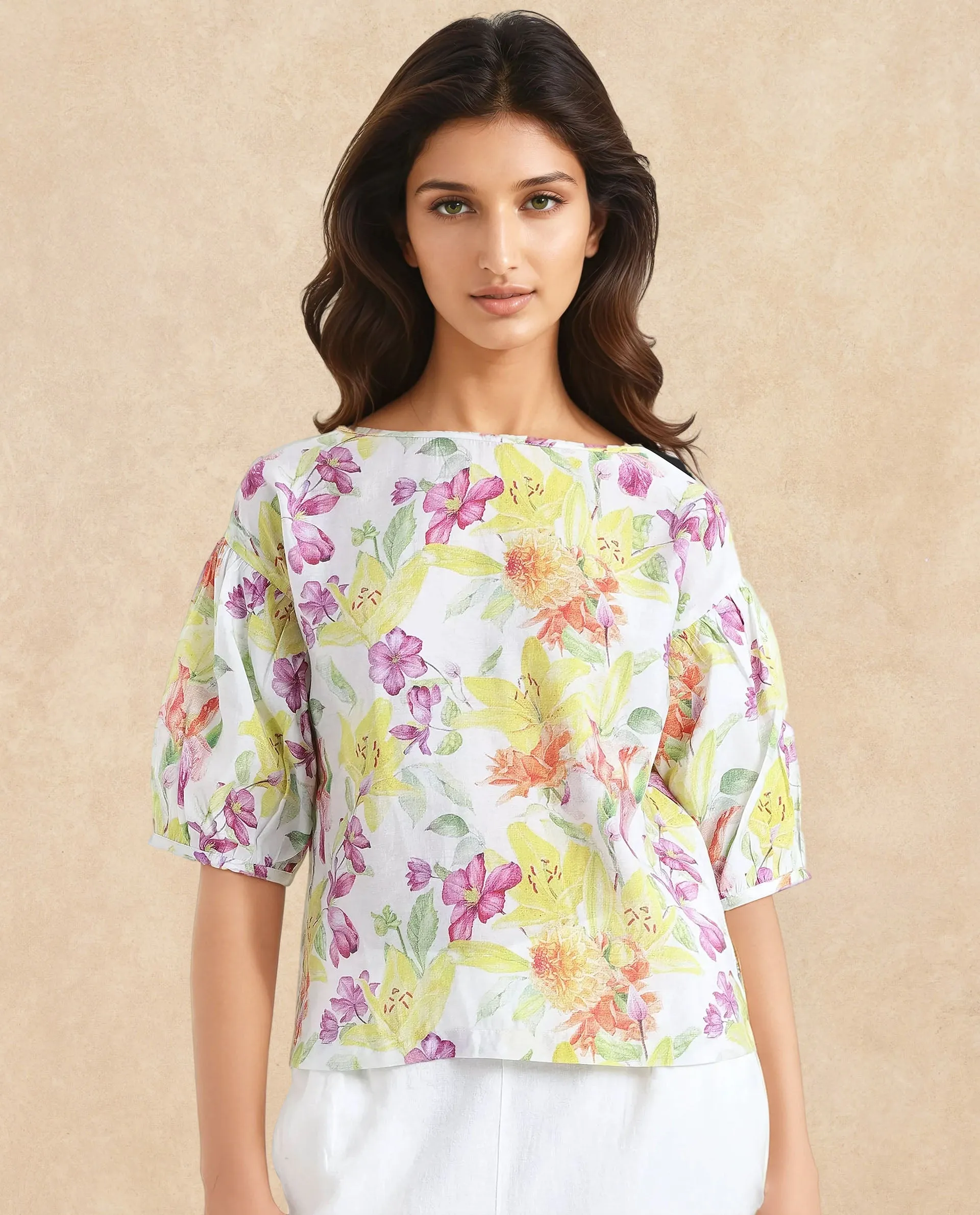 Rareism Women Naldu Multi Bishop Sleeve Crew Neck Floral Print Top