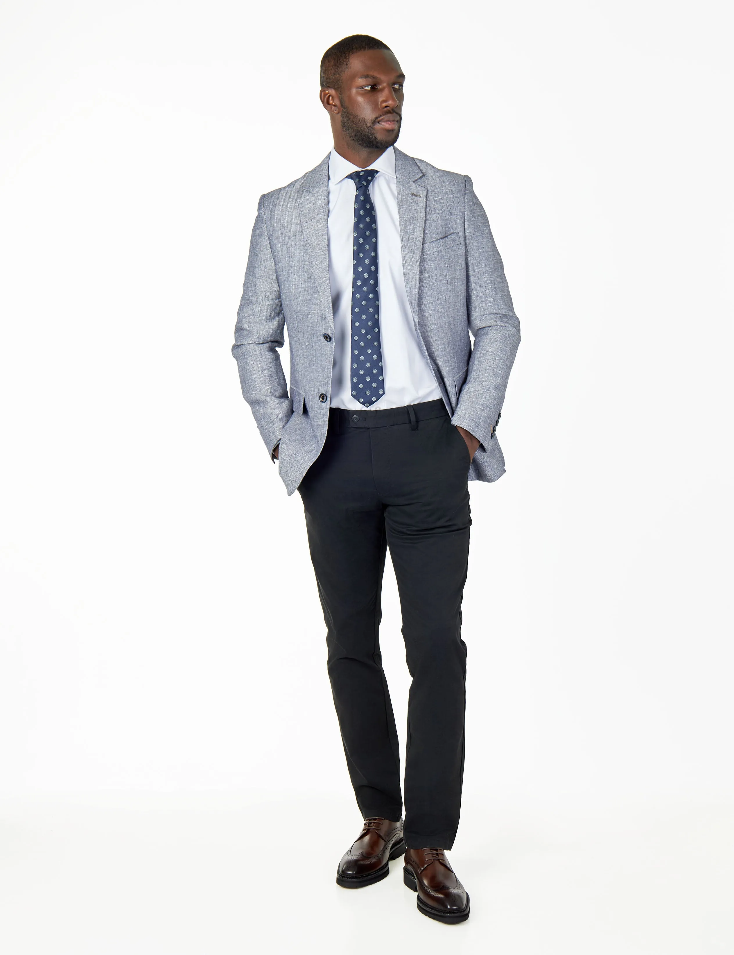 RAY - TAILORED FIT BLUE GREY HERRINGBONE LINEN SUIT JACKET