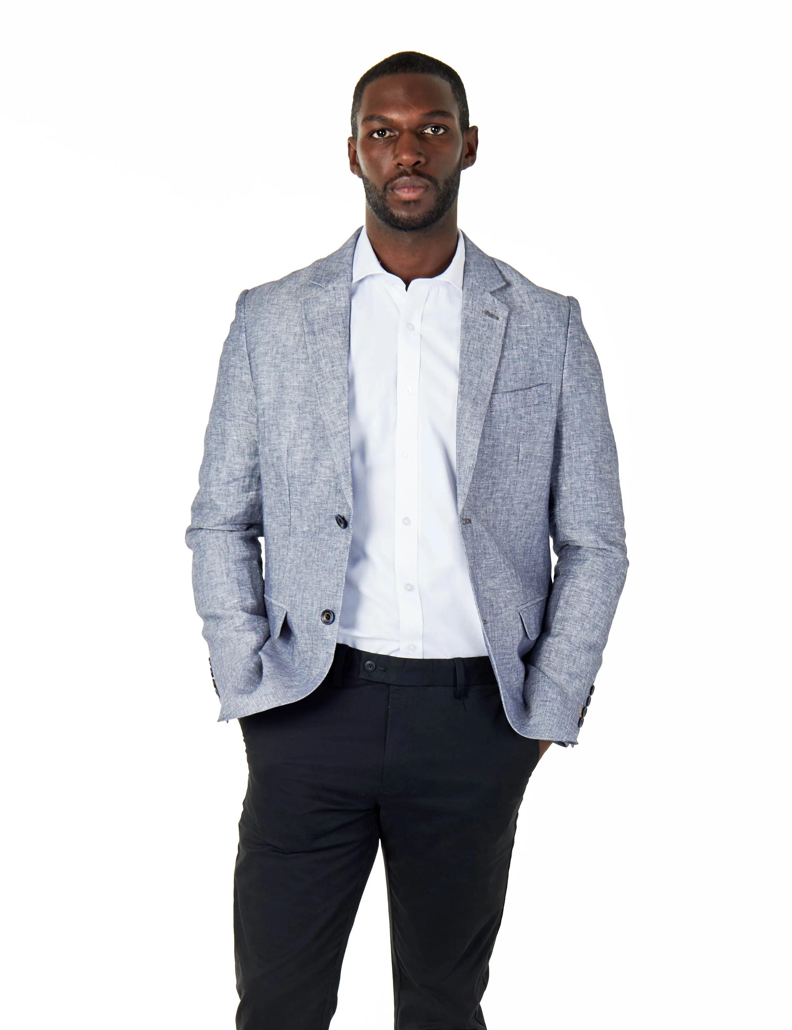 RAY - TAILORED FIT BLUE GREY HERRINGBONE LINEN SUIT JACKET