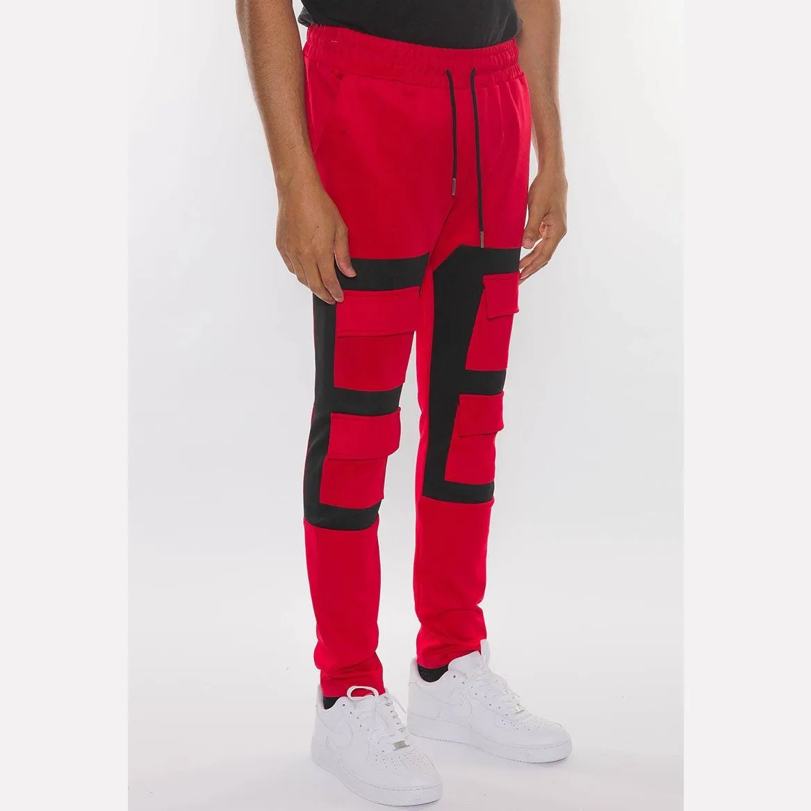 Red & Black Color Block Cargo Track Pants