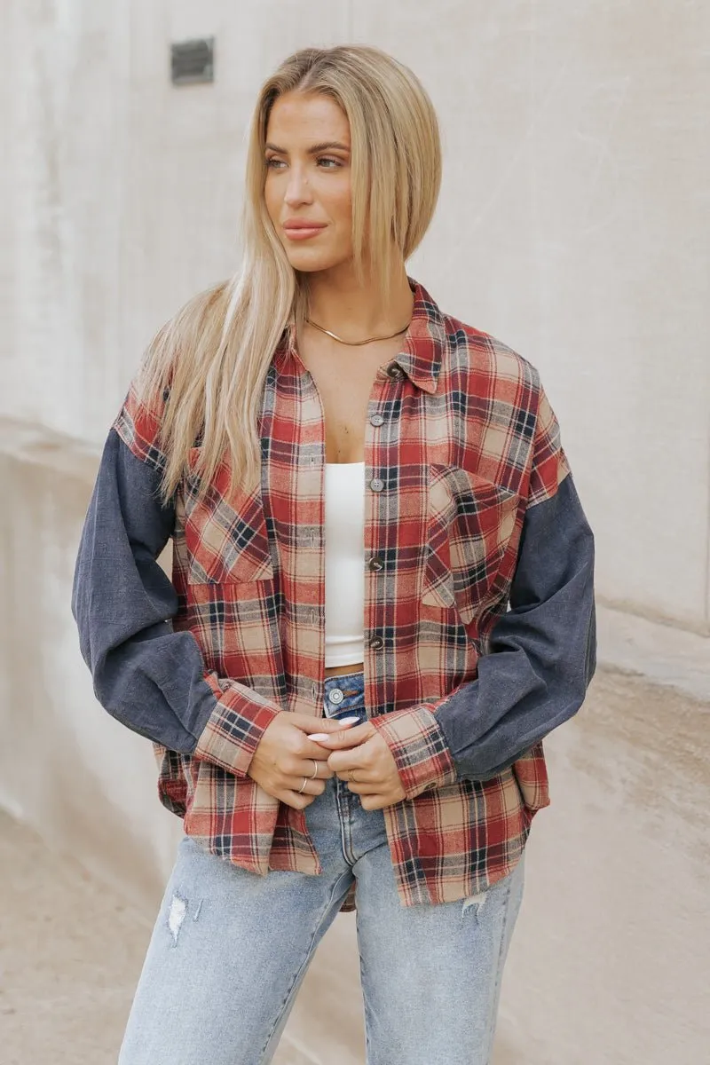 Red Plaid Color Block Button Down Shirt - FINAL SALE