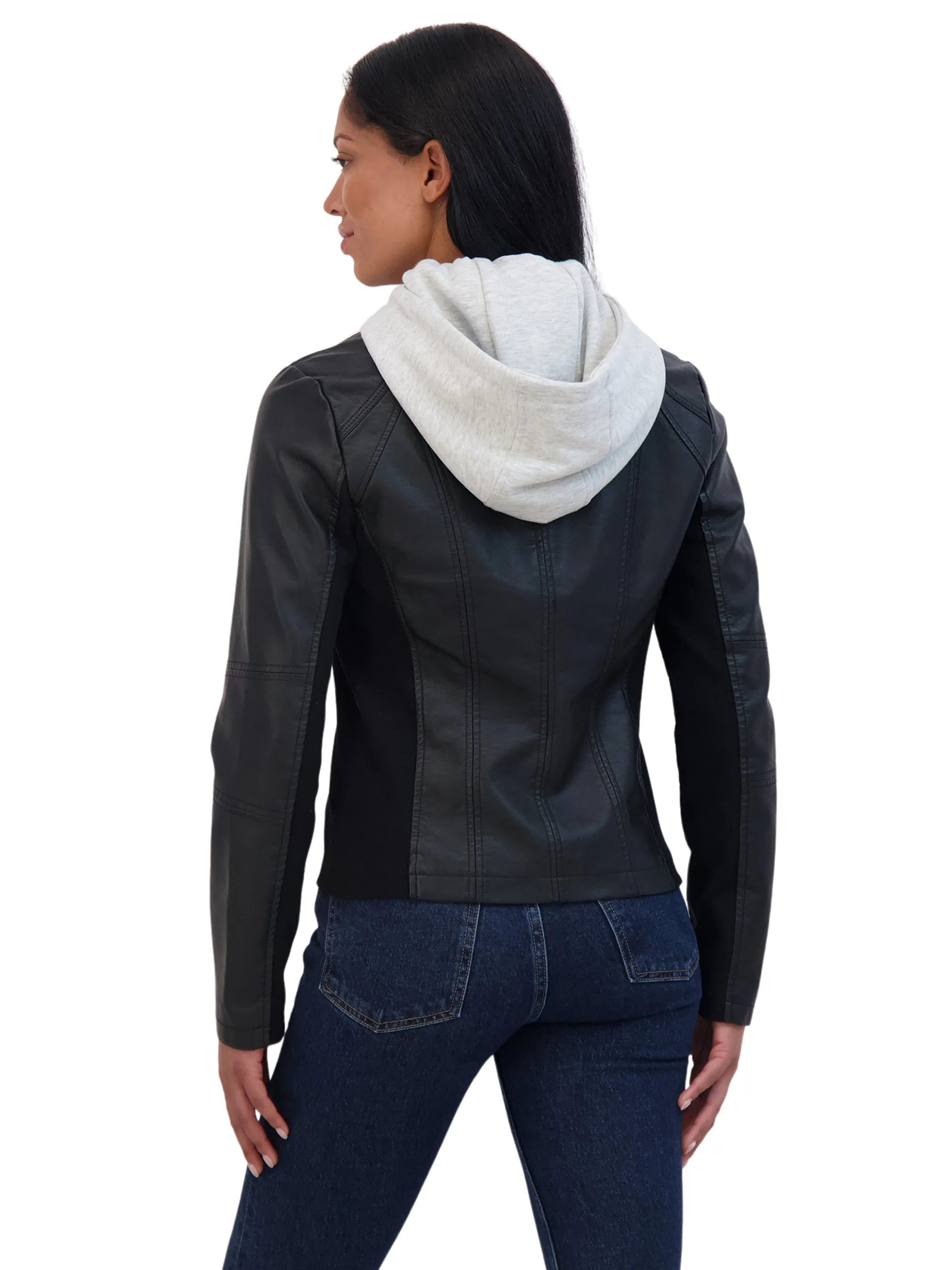 Sebby Collection Women's Zip Front Faux Leather Jacket With Removeable Hood Bib