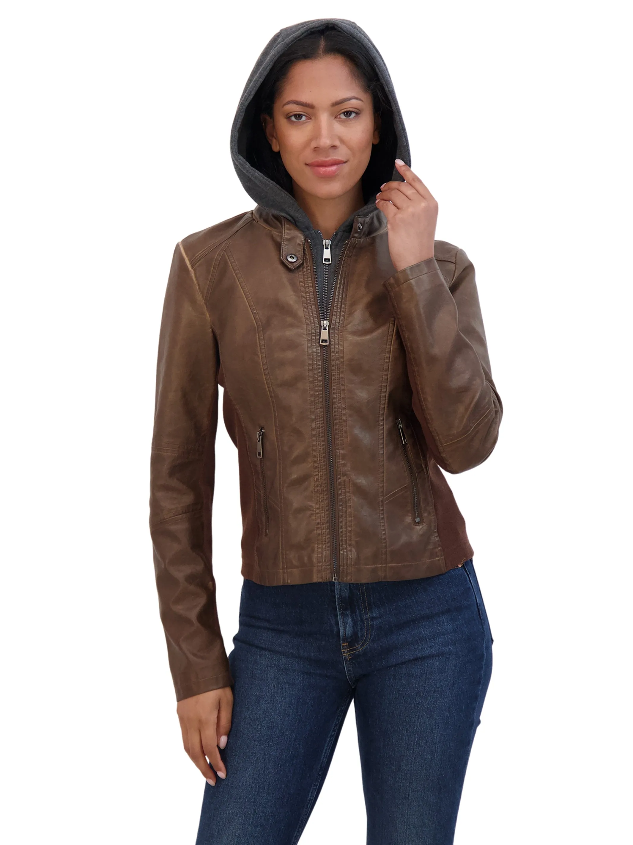 Sebby Collection Women's Zip Front Faux Leather Jacket With Removeable Hood Bib